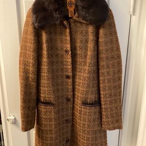 Long coat with removable fur collar.  Excellent condition. Warm wool blend.